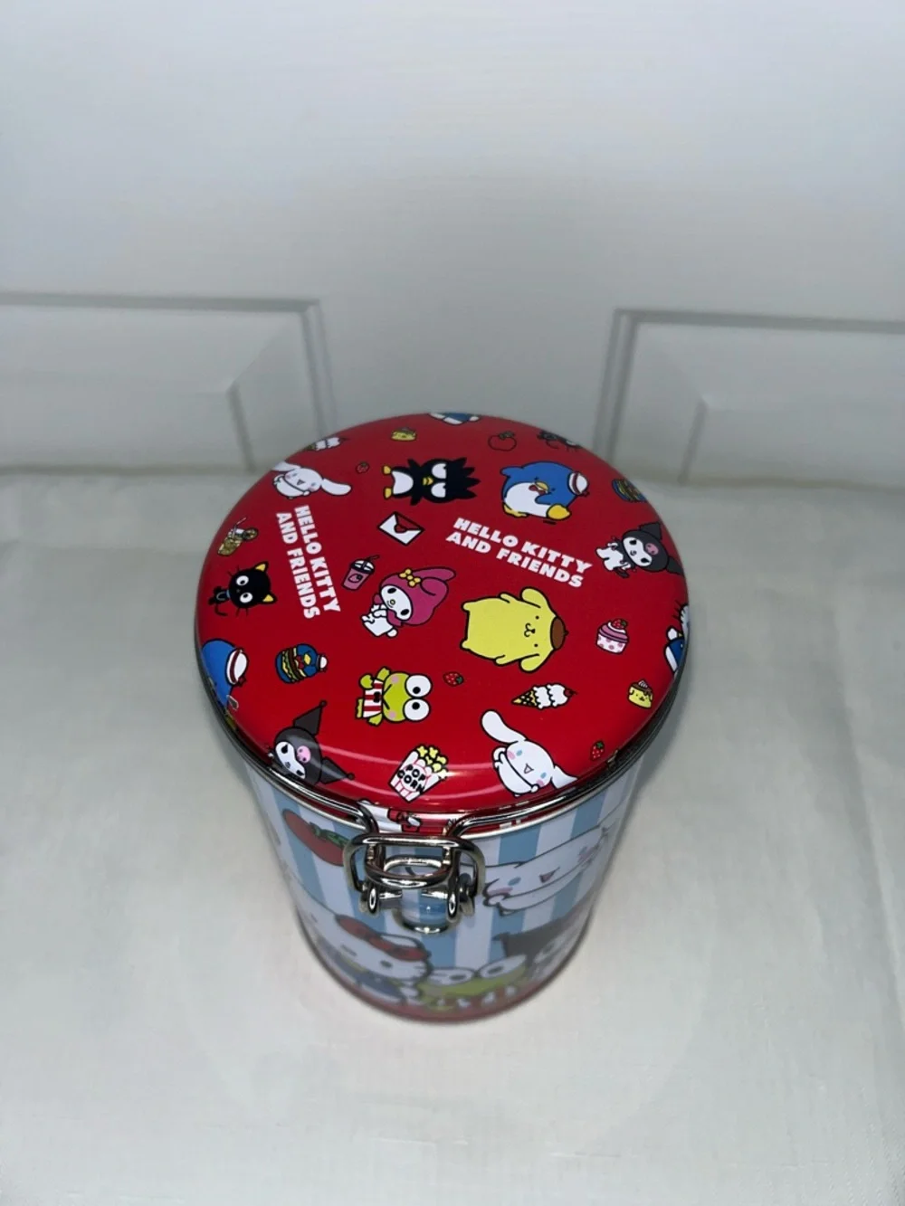 Hello Kitty & Friends Red Blue & White Striped Character Round Storage Tin